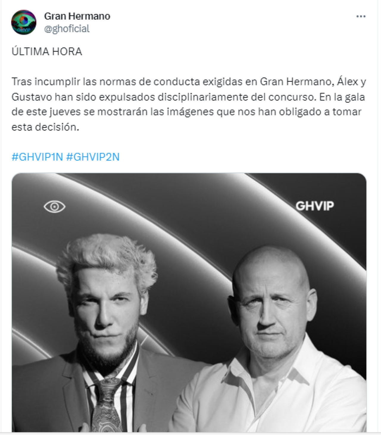 Comunicado sobre la expulsión de Alex Caniggia del reality. Foto: Twitter.