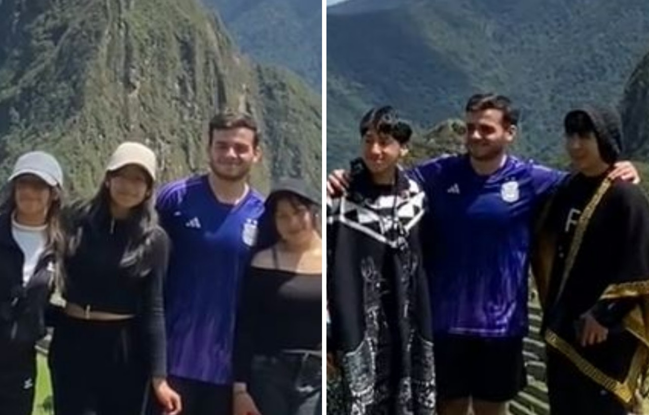 Un argentino se volvió viral por visitar Machu Picchu con la camiseta de la Selección. Foto: captura de pantalla.