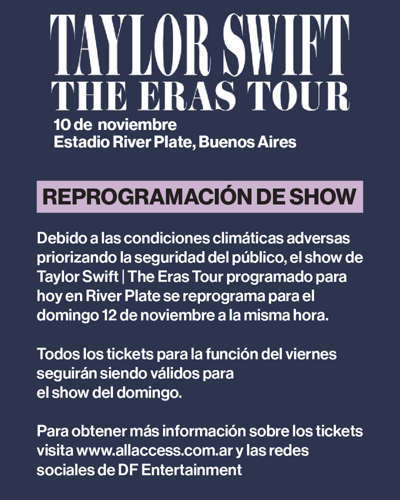 El comunicado de la reprogramación del segundo show de Taylor Swift. Foto: X @dfallaccess.