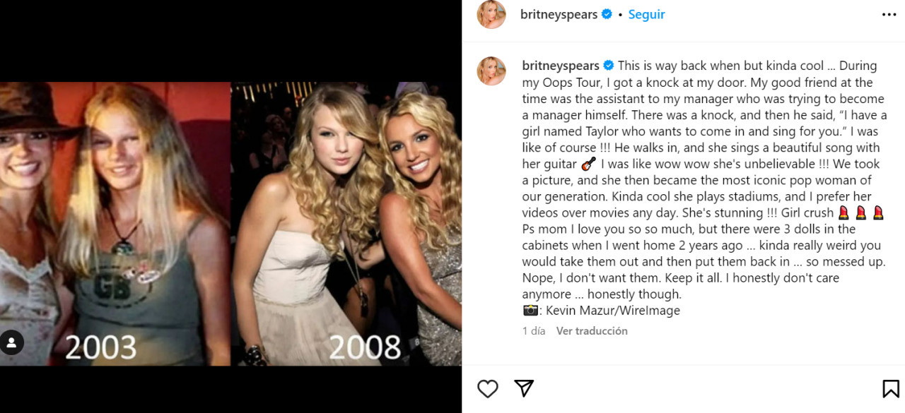 El posteo de Britney Spears que le dedicó a Taylor Swift. Foto: Instagram.
