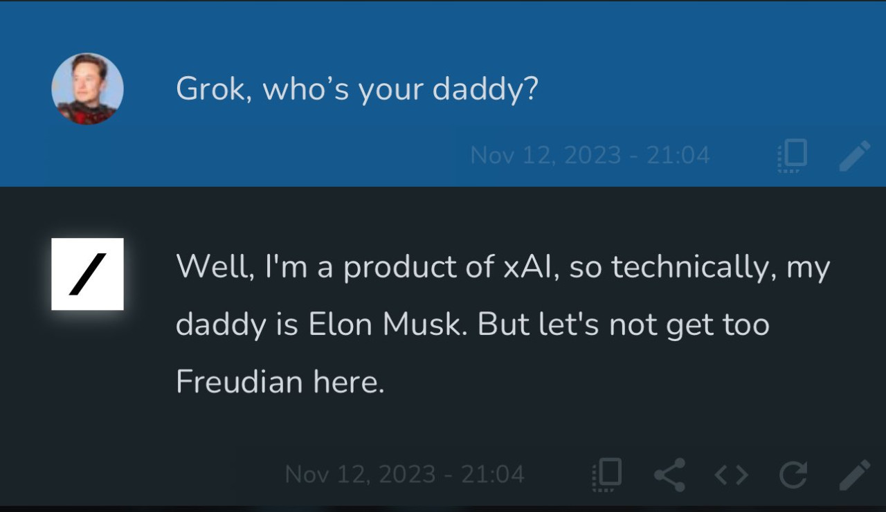 Ante la pregunta de "¿quién es tu papá?", el bot responde que Elon Musk aunque evita no ponerse freudiano. Foto: @ElonMuskAOC