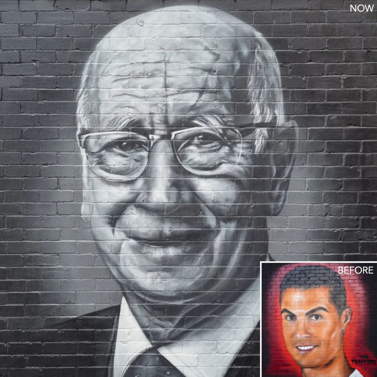 Mural de Bobby Charlton en reemplazo de la imagen de Cristiano Ronaldo.
