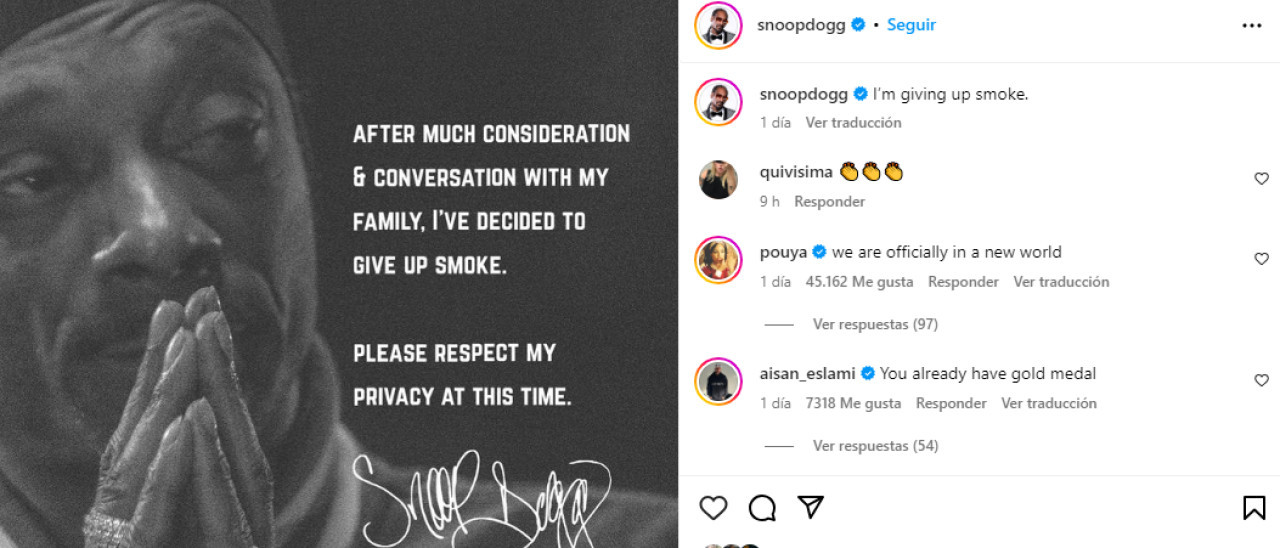 La sorpresiva publicación de Snoop Dogg. Foto Instagram.