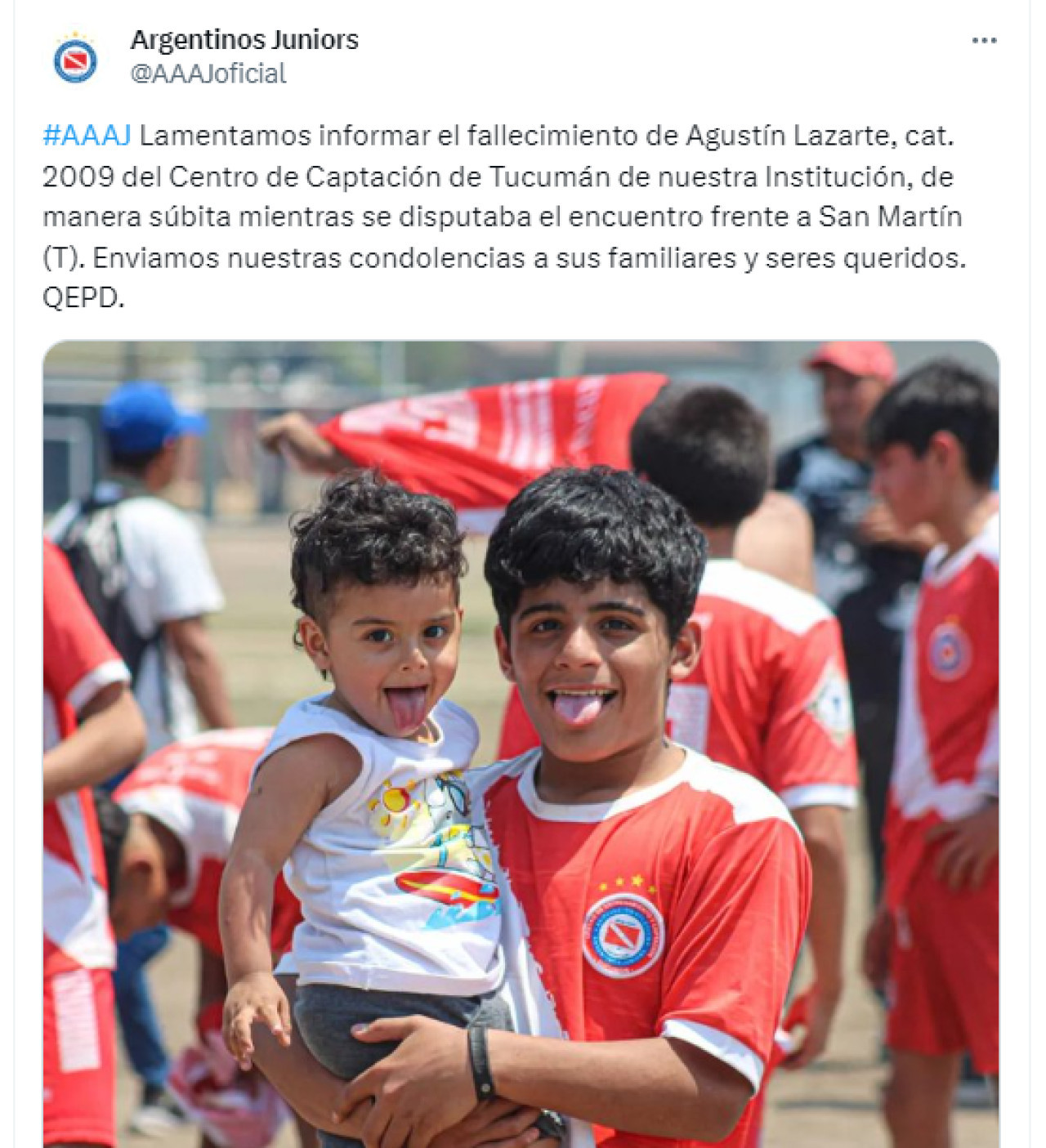 Comunicado de Argentinos Juniors tras la muerte de Agustín Lazarte. Foto: Twitter.