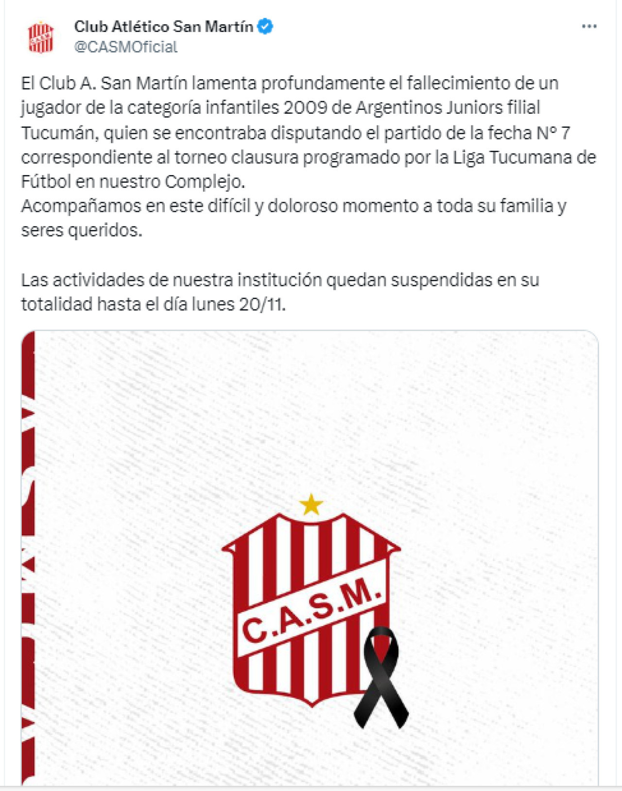 Comunicado de San Martín de Tucumán tras la muerte de Agustín Lazarte. Foto: Twitter.