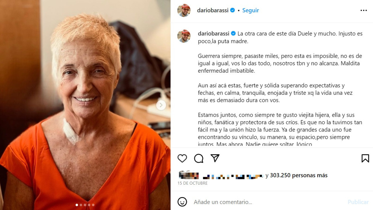 El posteo de Darío Barassi sobre la salud de su mamá Laura. Foto: Instagram @dariobarassi