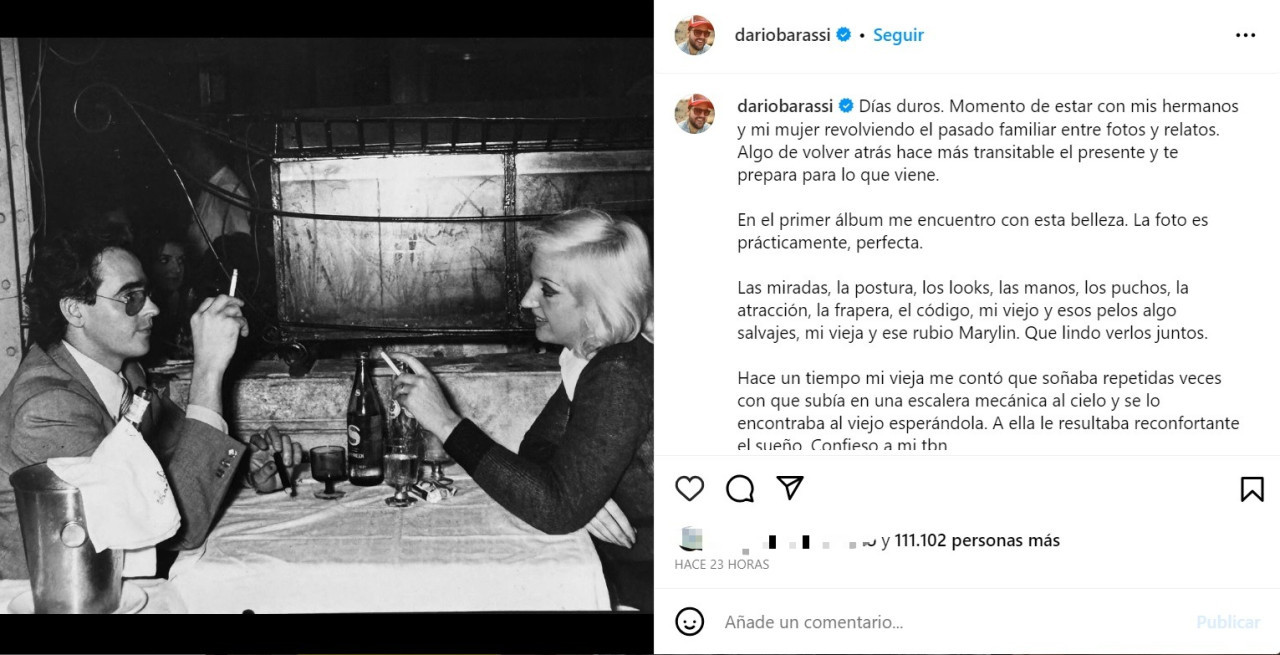 El posteo de Darío Barassi sobre la salud de su mamá Laura. Foto: Instagram @dariobarassi