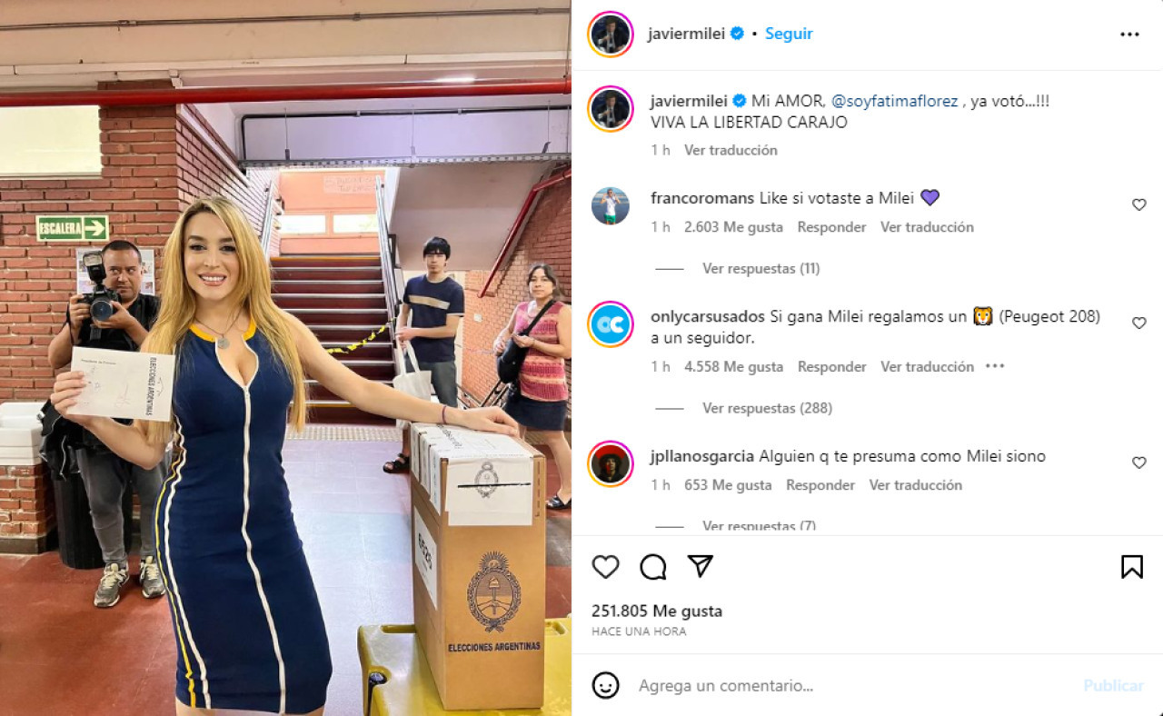 El posteo de Javier Milei sobre Fátima Flórez. Foto: Instagram.