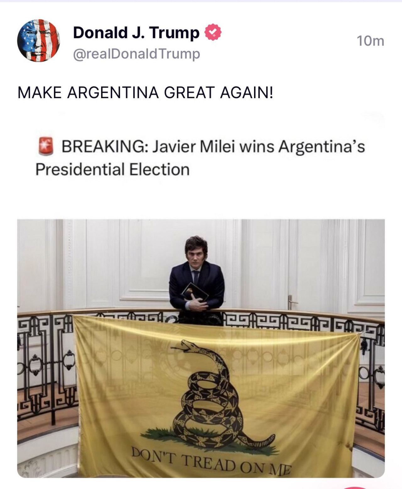Donald Trump celebró el triunfo de Javier Milei. Foto: Truth Social.
