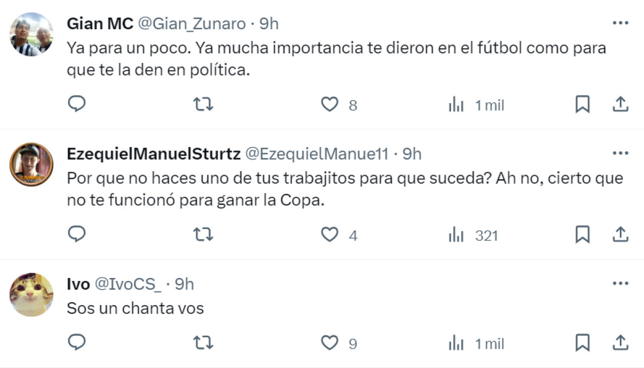 Los comentarios al posteo de Giorgio Armas. Foto: X.