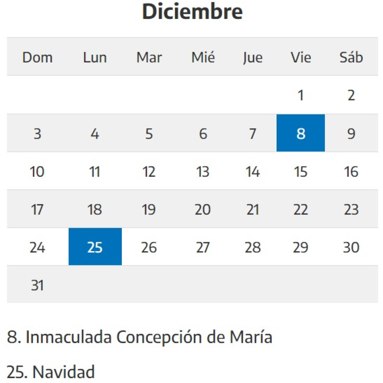 Calendario de los feriados de diciembre.