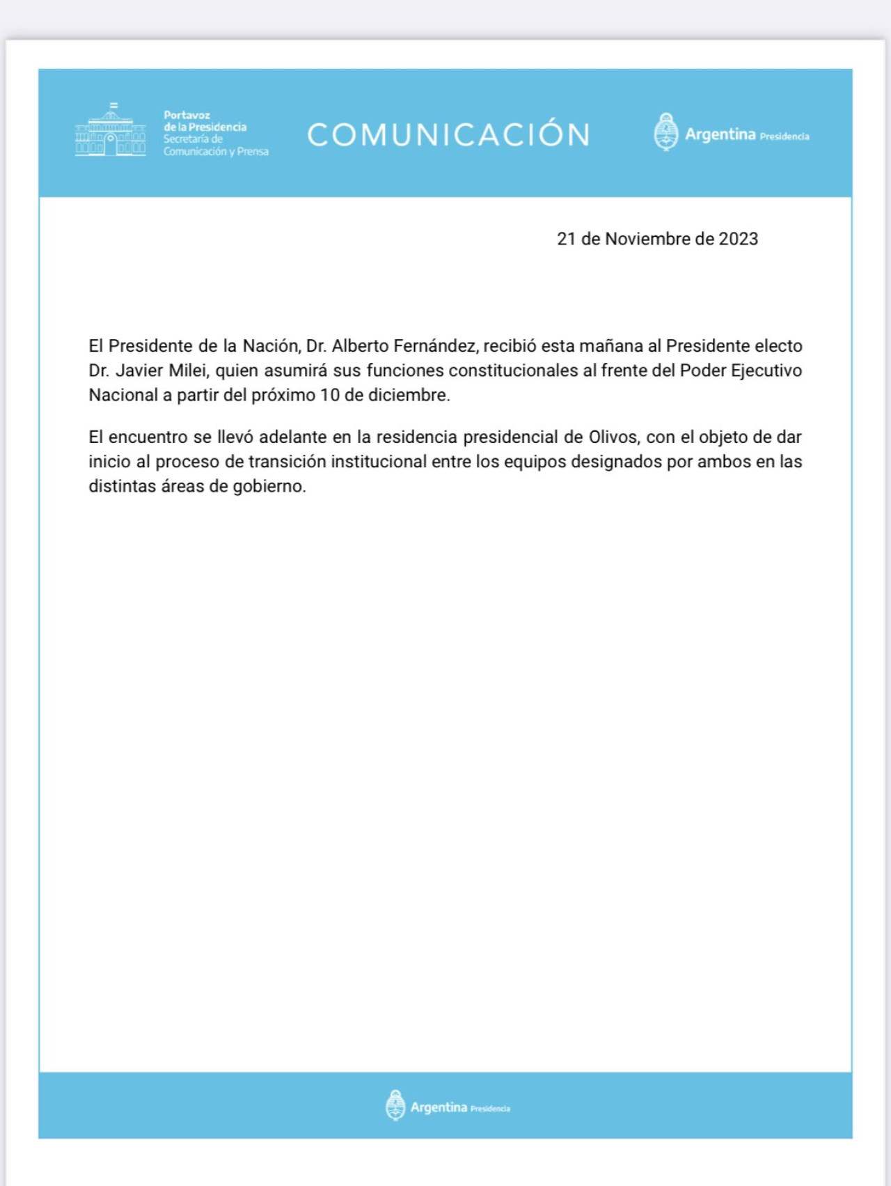 El comunicado tras el encuentro entre Javier Milei y Alberto Fernández.