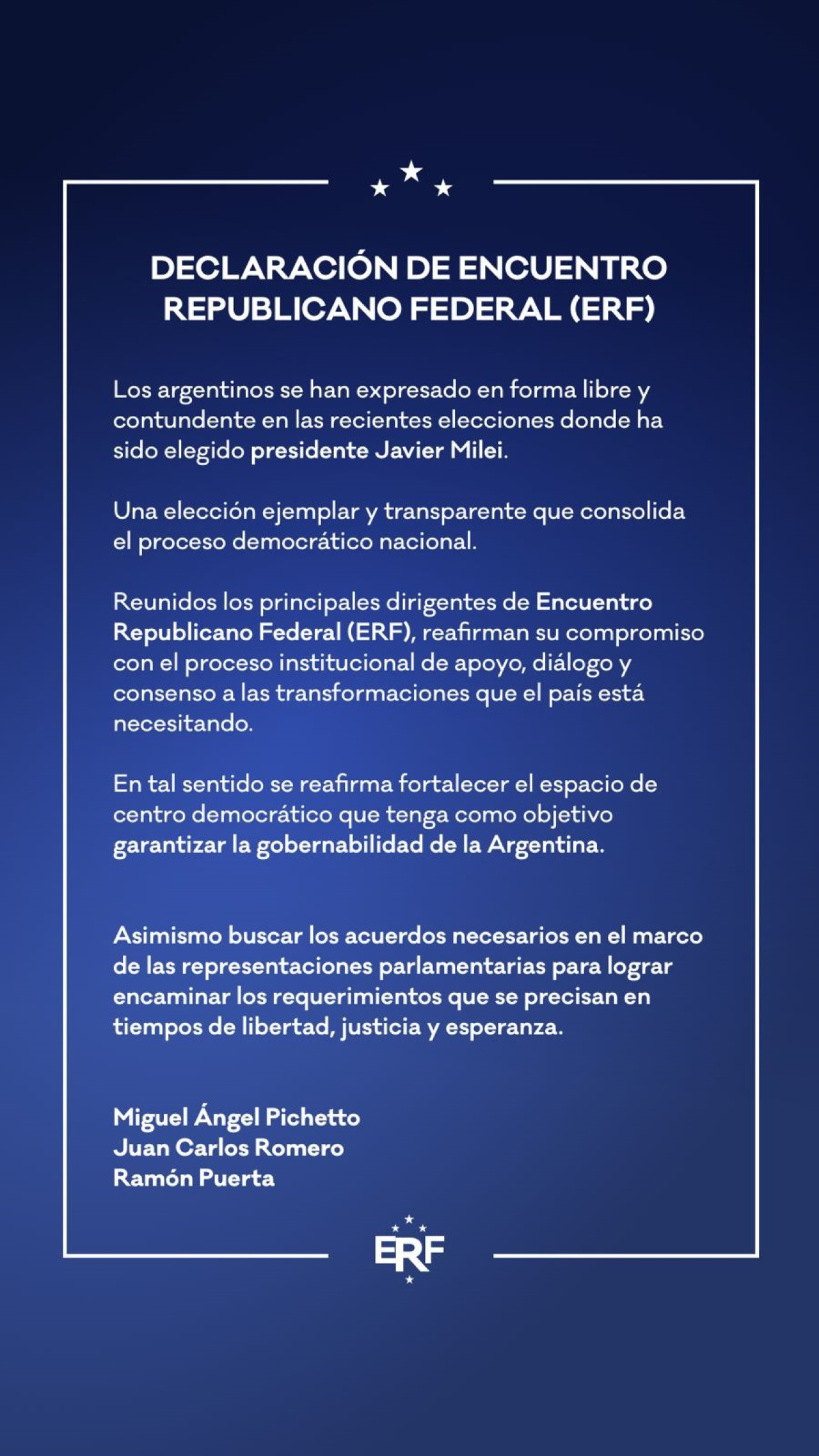 El Encuentro Republicano Federal publicó su declaración sobre las elecciones.