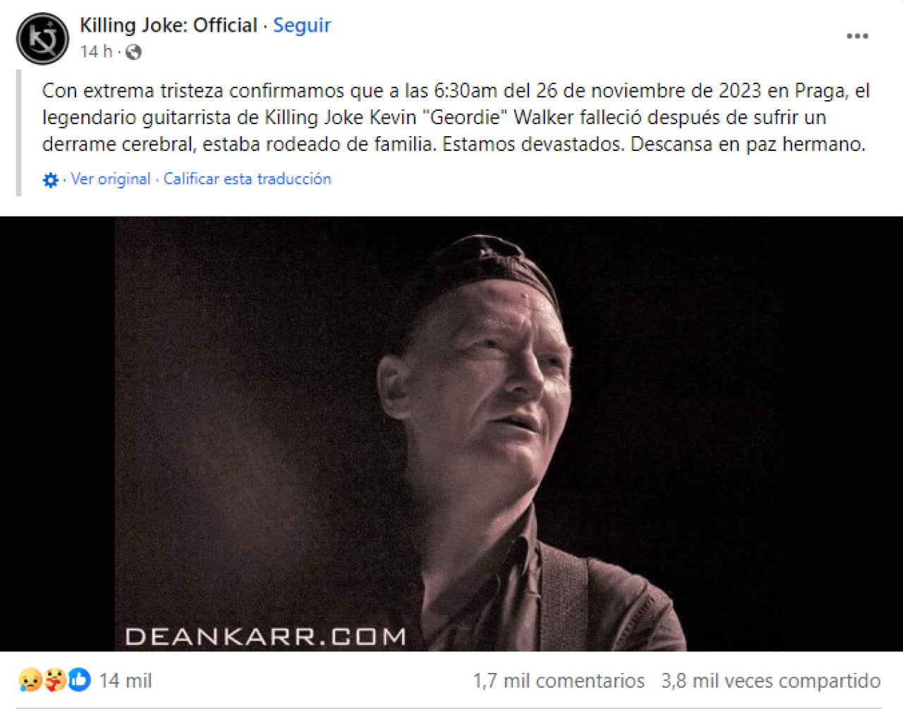 Comunicado oficial de Killing Joke. Foto: Facebook.
