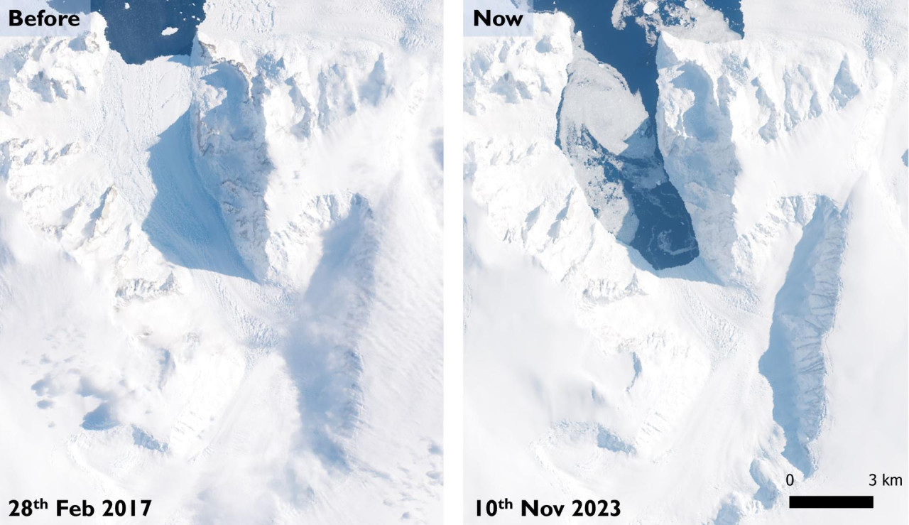 El glaciar Cadman antes y después del colapso de la plataforma de hielo. Foto: EFE