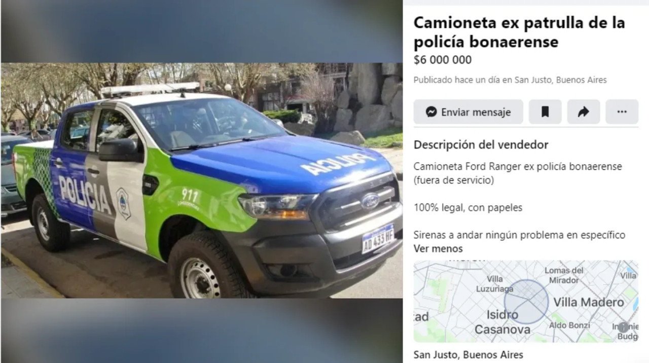 La publicación de la venta del patrullero de la Policía Bonaerense. Foto: Captura de pantalla.