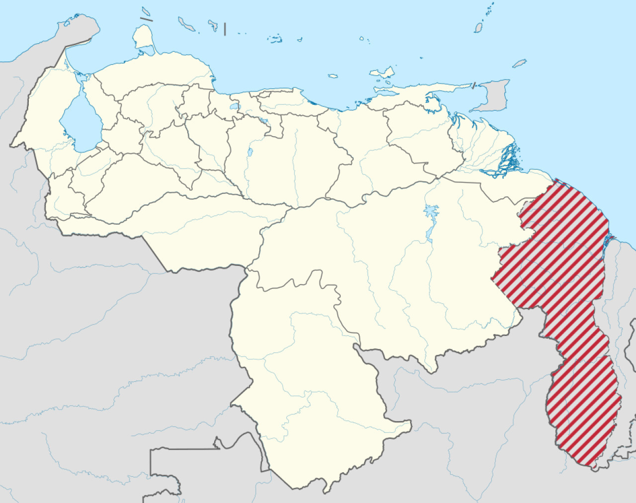Territorio de la Guyana Esequiba en mapas venezolanos, marcado como "Por Reclamar". Foto: Wikimedia Commons.