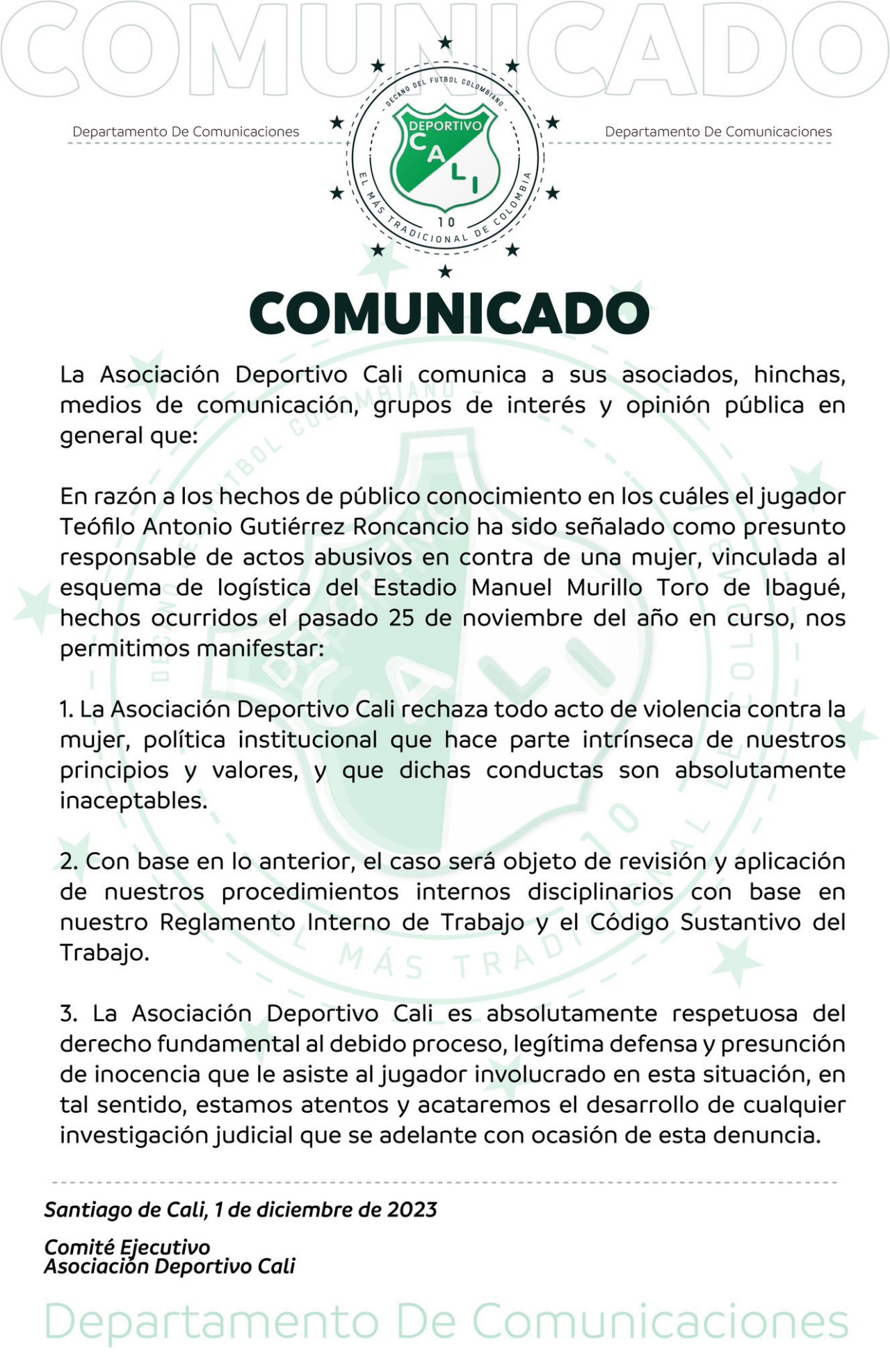 El comunicado que emitió Deportivo Cali tras la sanción a Teófilo Gutiérrez. Foto: Twitter.