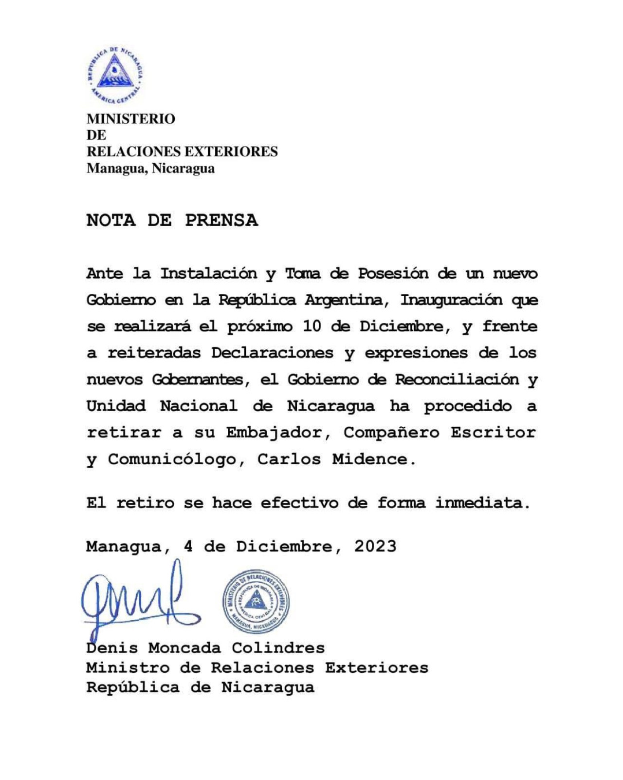 El comunicado de Nicaragua.