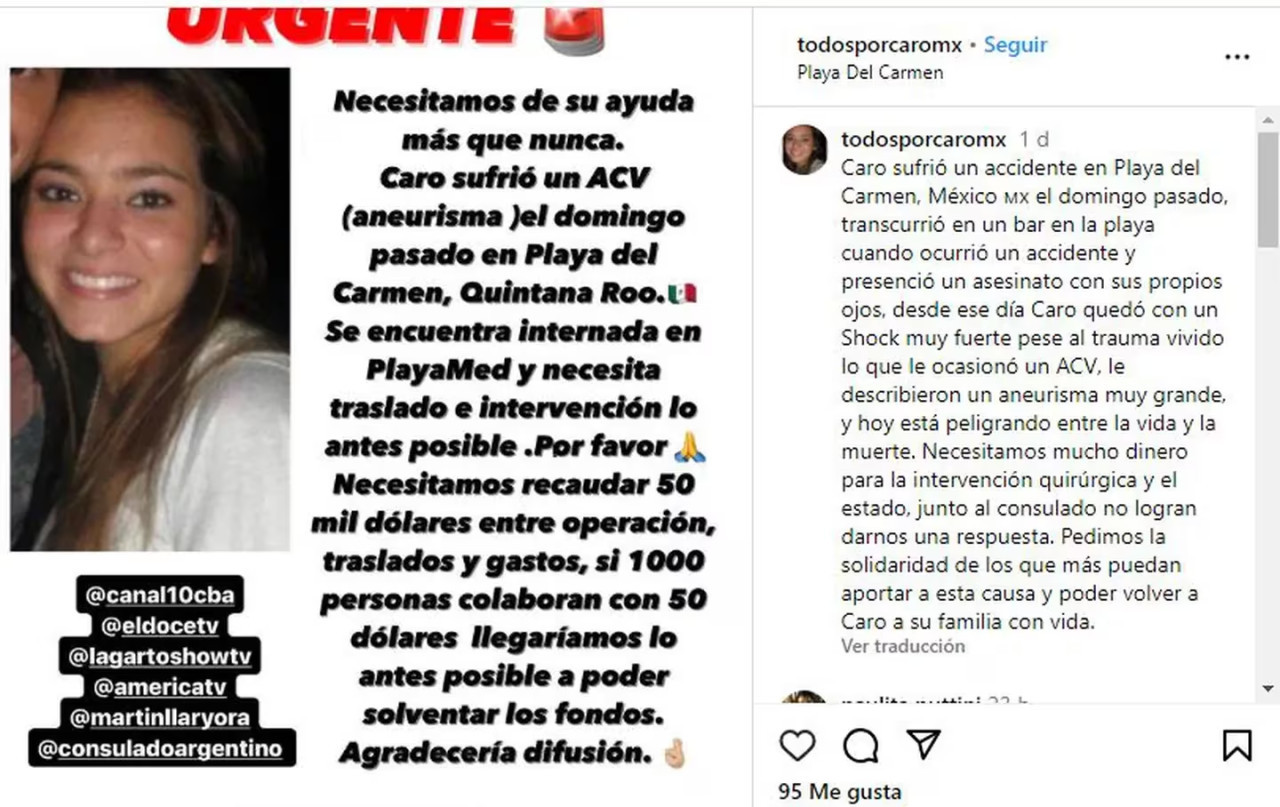 Pedido de ayuda para la turista argentina. Foto: Instagram