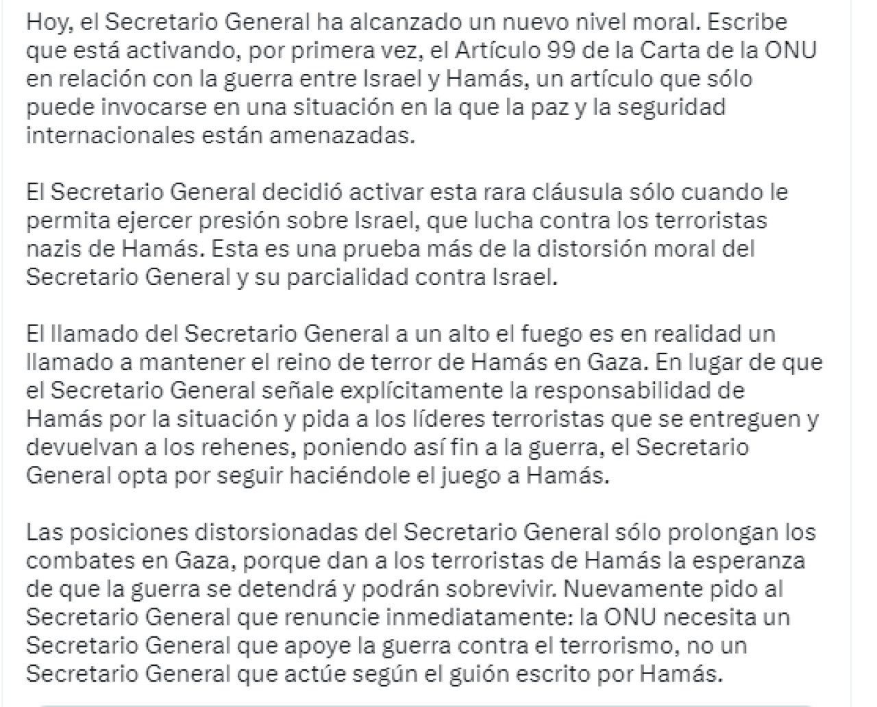 El mensaje de Gilad Erdan en su cuenta de Twitter. Foto: Twitter.