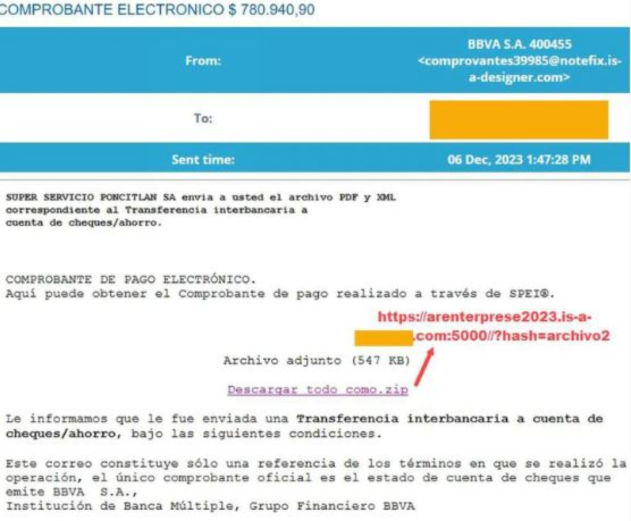 Alerta por un troyano disfrazado de comprobante bancario. Foto: Twitter/Cristian Borghello @Seguinfo