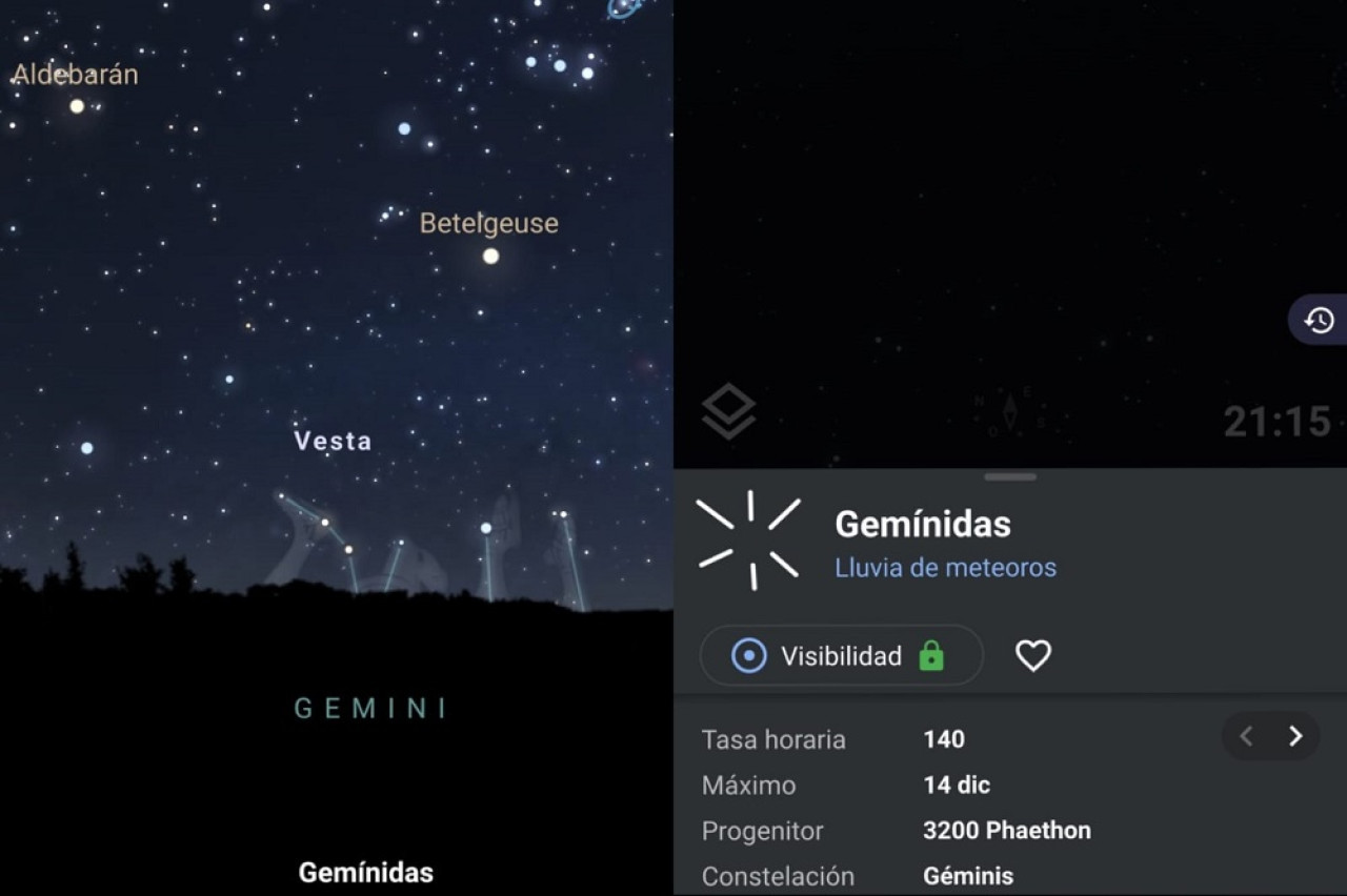 يمكن للتطبيق اكتشاف إشعاع Geminids.  الصورة: لقطة شاشة ستيللاريوم.