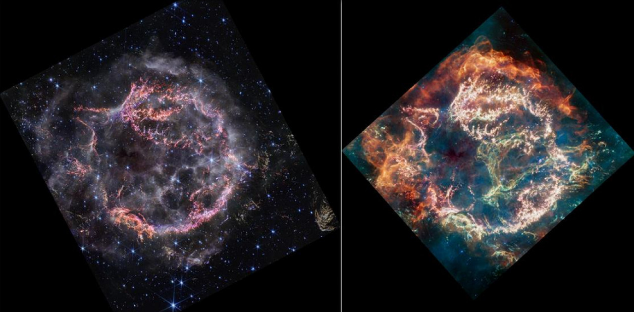 Comparación de la nueva imagen en infrarrojo cercano de Casiopea A obtenida por el telescopio Webb (izquierda) y su imagen en infrarrojo medio de la supernova de abril (derecha). Foto: NASA.