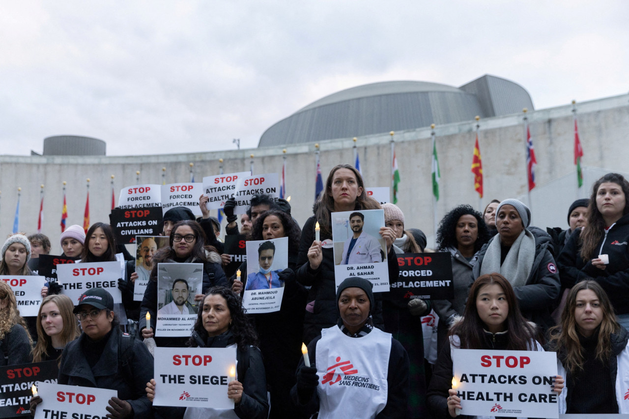 Médicos Sin Fronteras pidiendo un alto al fuego en Nueva York. Foto: Reuters.