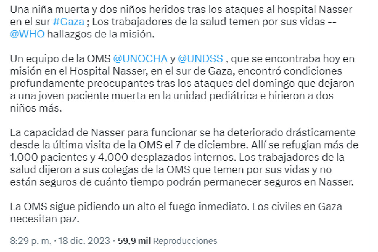 El mensaje de Tedros Adhanom Ghebreyesus, director general de la Organización Mundial de la Salud (OMS). Foto: Twitter.