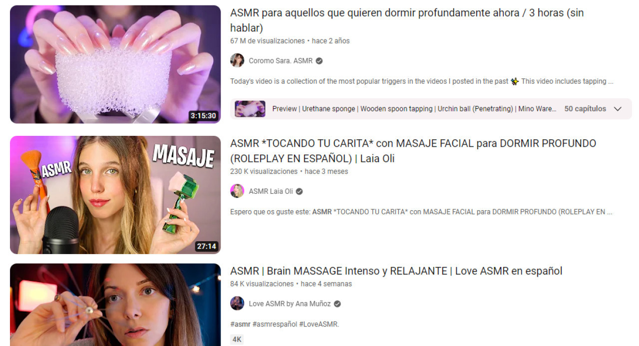 Videos más populares de YouTube sobre ASMR. Foto: Captura de pantalla YouTube.