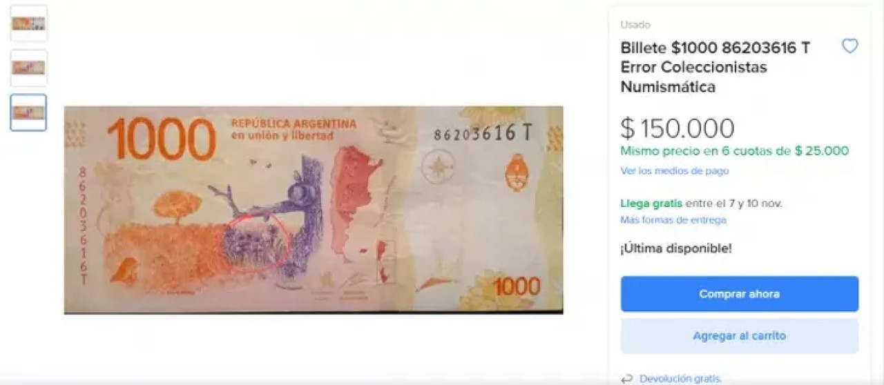 Una serie de billetes de $1.000 es buscada por los coleccionistas a $150.000. Foto: Captura ML.