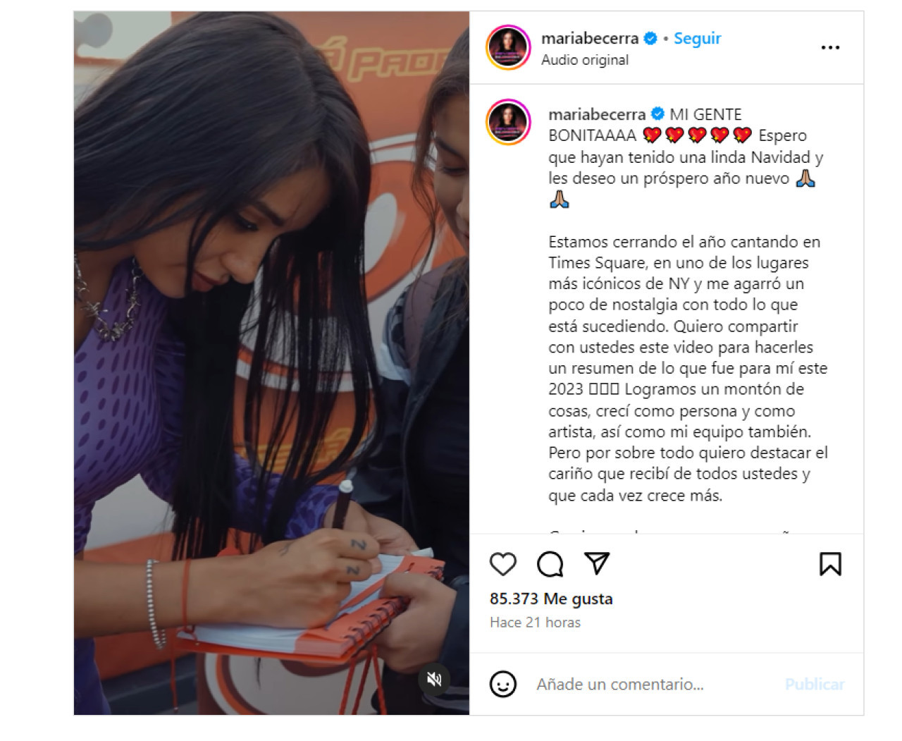 María Becerra le agradeció a sus fans. Foto: Instagram.