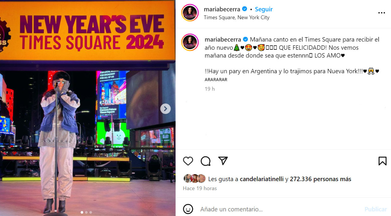 María Becerra canta en el Times Square. Foto: Instagram.