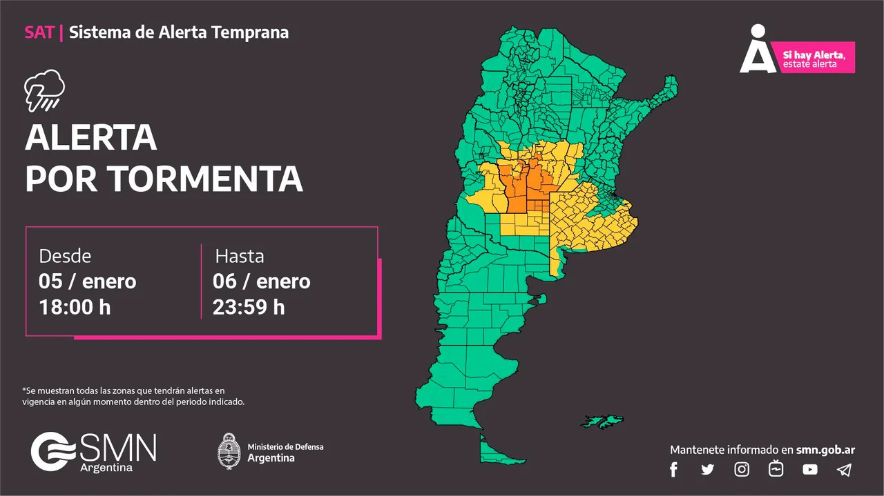 Mapa de alerta por tormentas fuertes este sábado