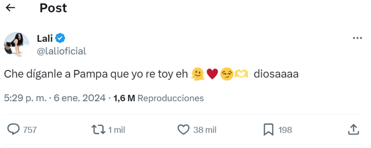 La respuesta de Lali a Pampita. Foto: X.