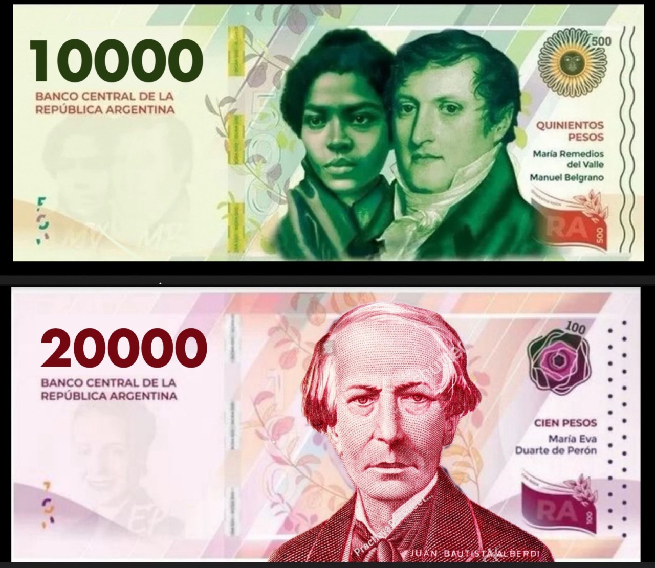 Nuevos billetes de $ 10.000 y $ 20.000. Foto: Twitter