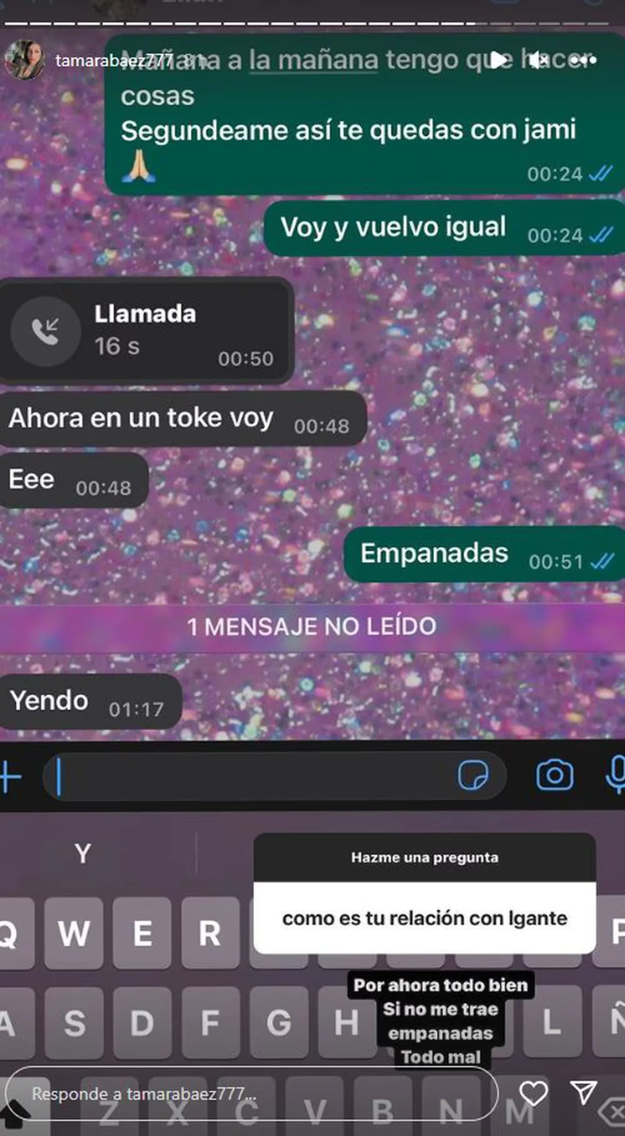 Chat entre Tamara y L-Gante. Foto: Instagram.