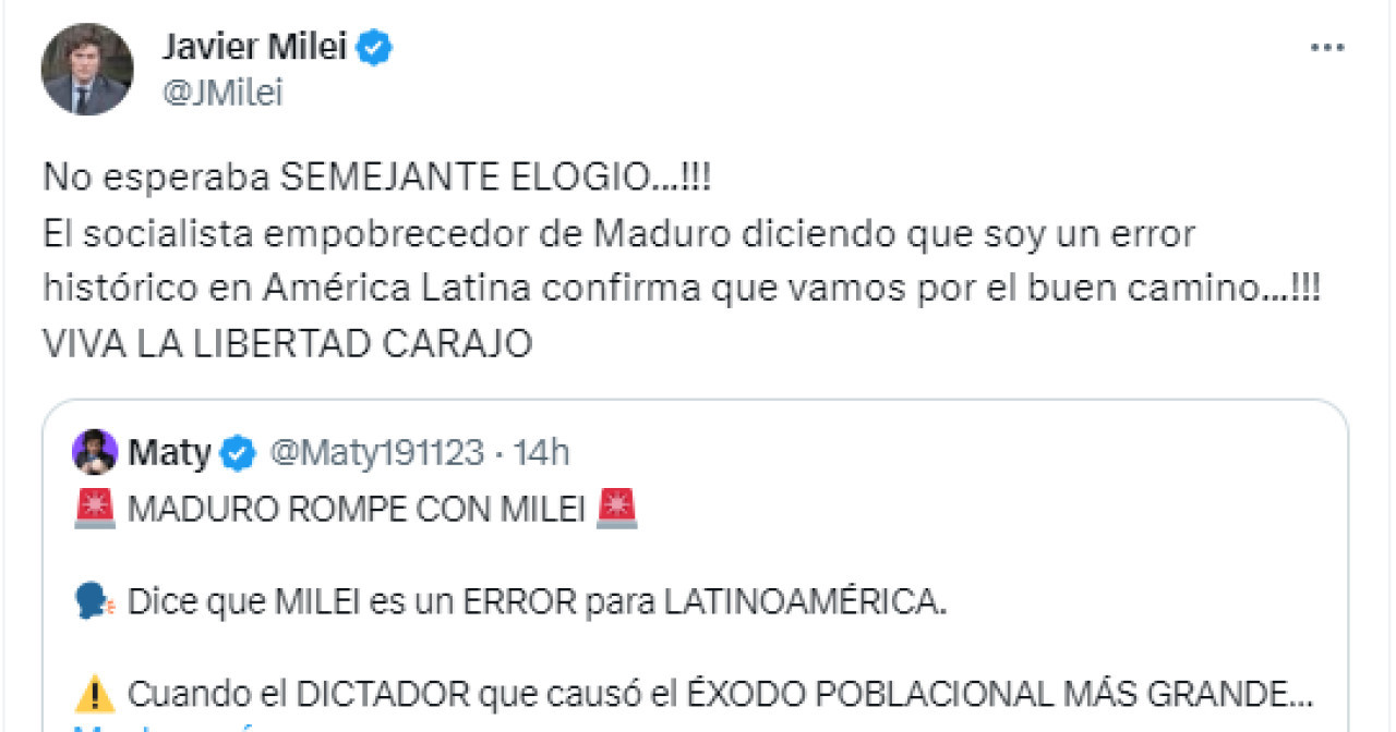 El tweet de Javier Milei contra Nicolás Maduro. Foto: Twitter.