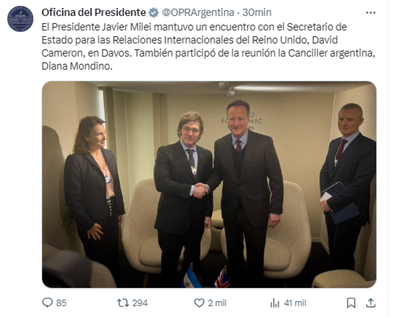 El mensaje oficial tras la reunión entre Javier Milei y David Cameron, canciller británico. Foto: Twitter.