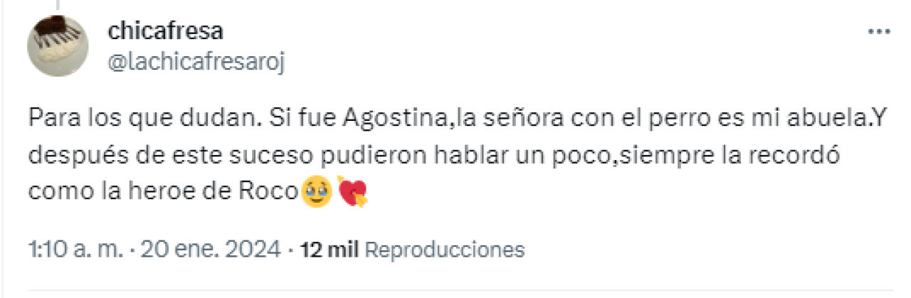 El mensaje de la nieta de la señora que ayudó Agostina. Foto: Twitter.