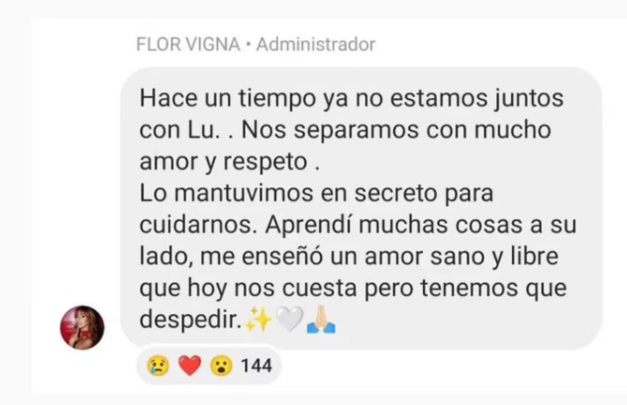 El mensaje de Flor Vigna sobre su separación de Luciano Castro. Foto: Captura.