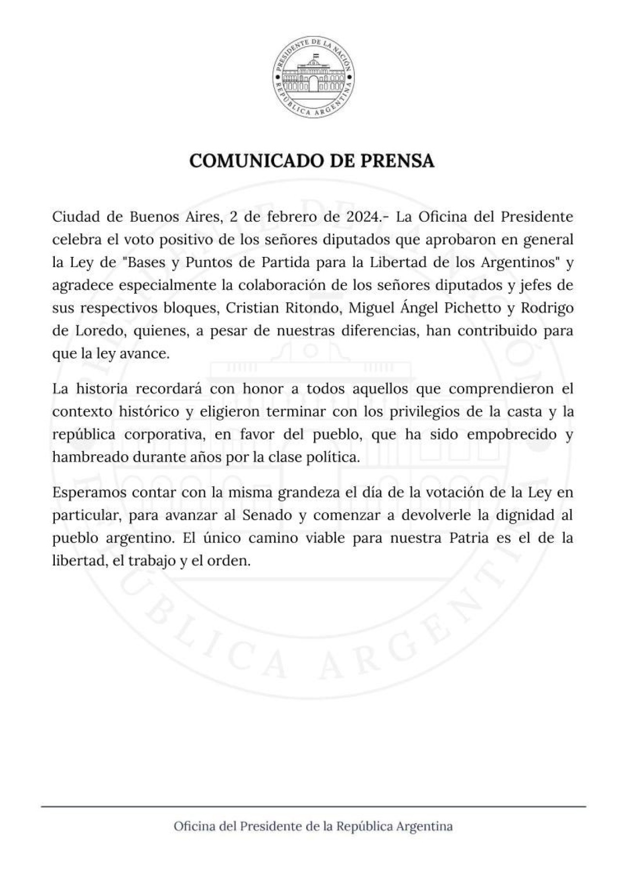 El comunicado del Gobierno. Foto: X @OPRArgentina
