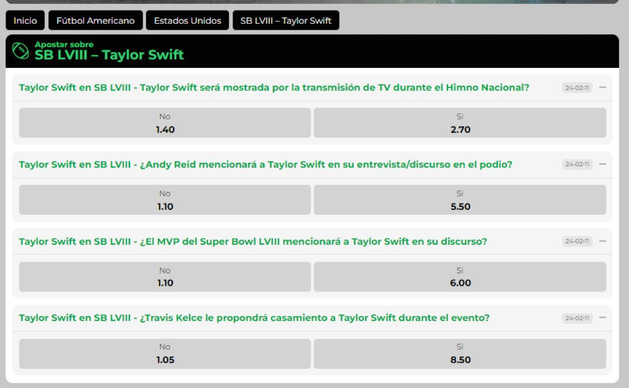 Apuestas sobre la presencia de Taylor Swift en el LVIII Superbowl.