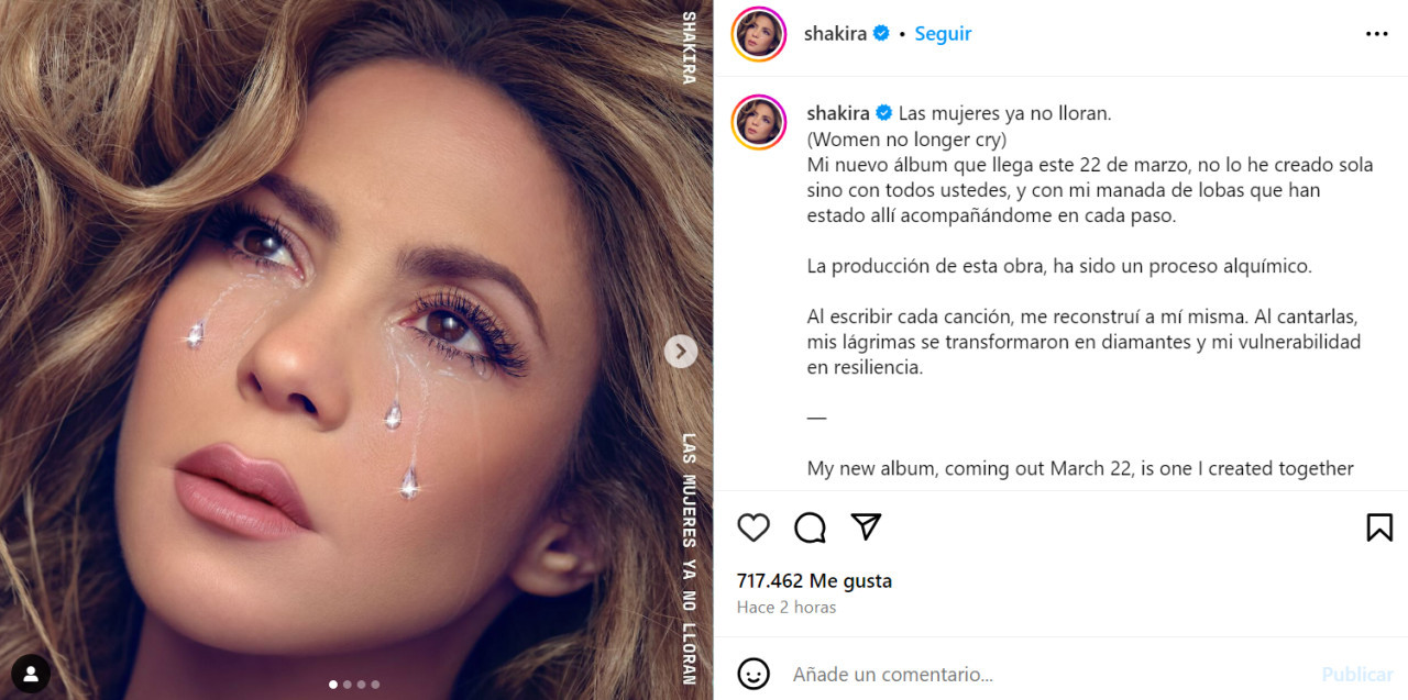 El anuncio de Shakira sobre su nuevo disco. Foto: Instagram.