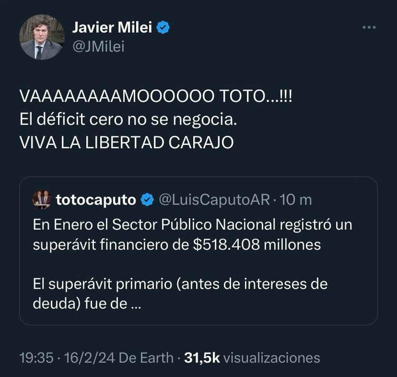 El tuit de Milei.