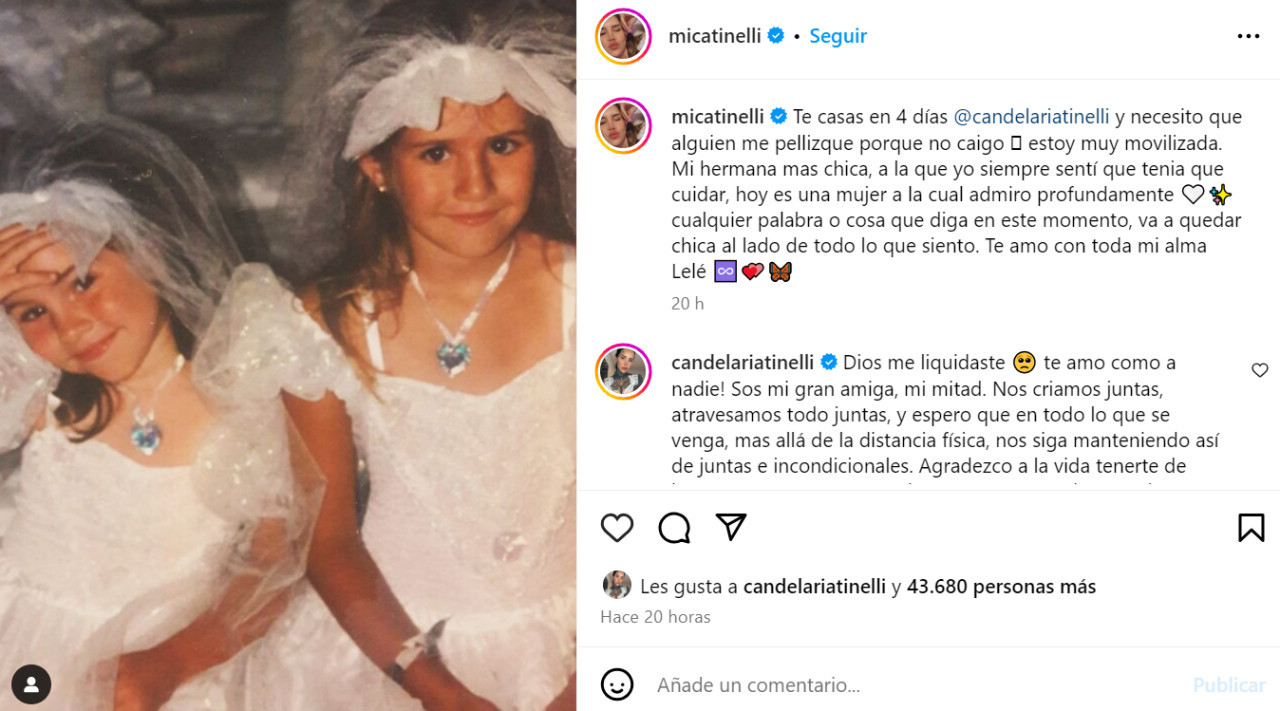 El tierno posteo de Mica Tinelli dedicado a su hermana Cande. Foto: Instagram.