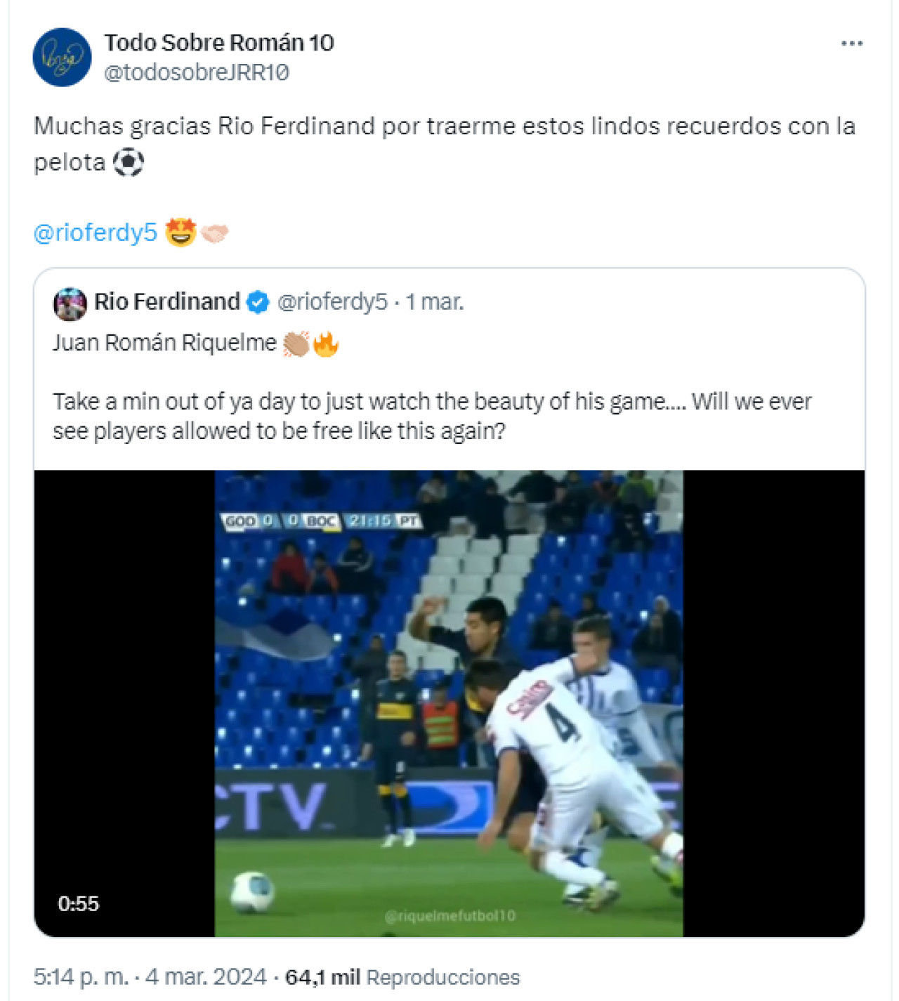 El mensaje de Riquelme para Rio Ferdinand. Foto: Captura Twitter.