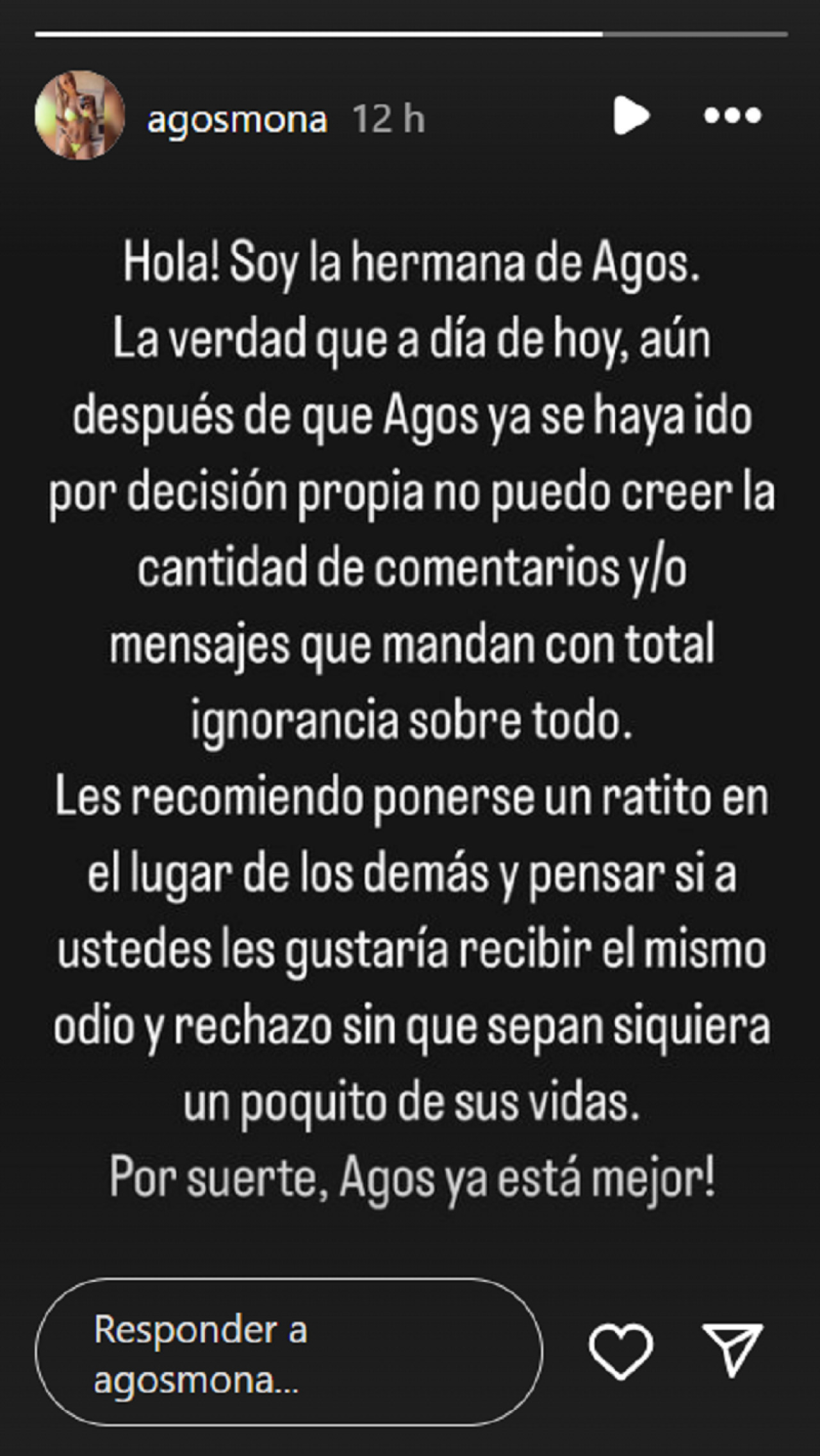 El comunicado de la familia de Agostina. Foto: Instagram.