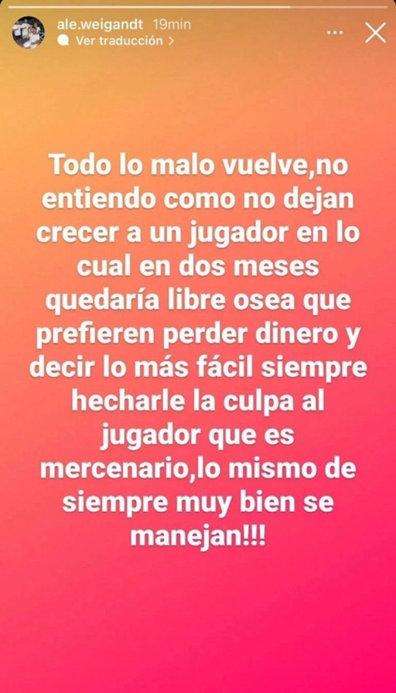 El descargo del padre de Marcelo Weigandt contra la dirigencia de Boca Juniors. Foto: Instagram @ale.weigandt.